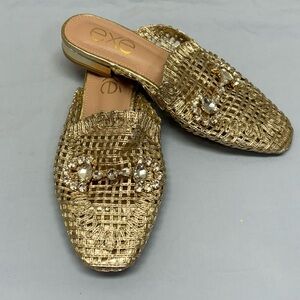 EXE 23008-A1 Elegant Bedazzled Woven Gold Shoes Slides Mules SZ 38 US 7.5 - 8